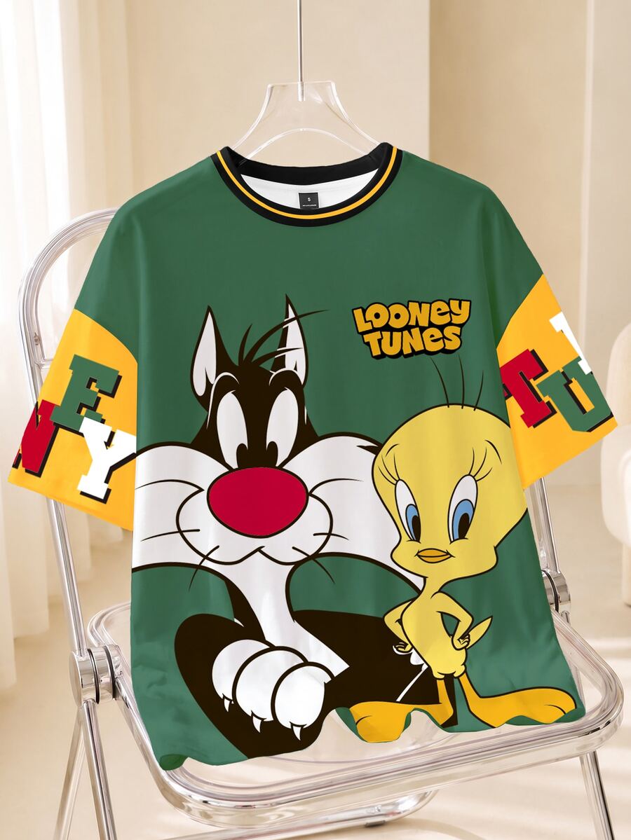 LOONEY TUNES X SHEIN Plus Size Women Letter Print Round Neck Short Sleeve Casual T-Shirt - White - View 1