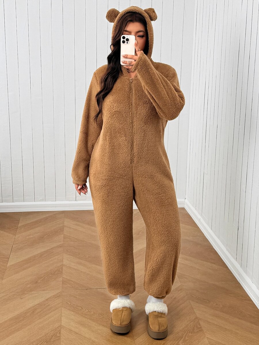 Solflare Plus Size Cute Comfortable Zip-Up Long Sleeve Hooded Jumpsuit - Brown - View 1