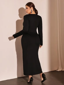 Cravure Plus Size Women's Elegant Glamorous High Slit Rhinestone Buckle Decor Long Sleeve Deep V-Neck Black Dress, Party Evening Gown - Black - View 2