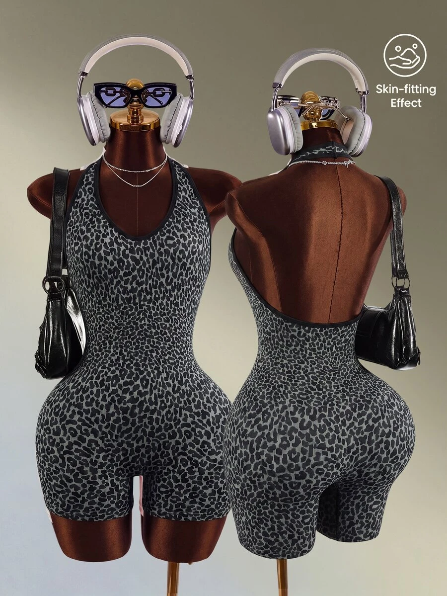 Mistrie Jumpsuit Olahraga & Kebugaran Tanpa Jahitan Tanpa Lengan dengan Leher Halter Motif Leopard Abu-abu - Dark Grey - View 1