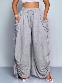 SOLERSUN Celana Panjang Wanita Abu-abu Muda dengan Tali Serut, Potongan Lebar, Kantong Samping Longgar, Pinggang Elastis, Potongan Santai, Kasual, Streetwear, Cocok untuk Kerja, Sehari-hari, dan Musim Gugur. - Grey - View 6