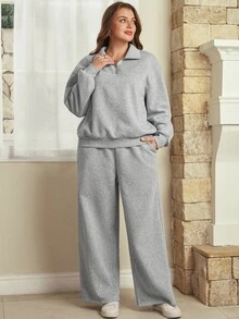 EMERY ROSE 2 st plus size damset för hösten med grå sportig casual zip-up sweatshirt och byxor med fickor, 2 delar, höst/vinter, vinterset, loungewear, varmt - Grå - Visa 7