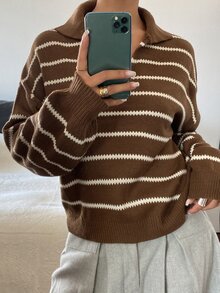 DAZY Women's Vintage Fashion Striped Colorblock Long Sleeve Sweater - Brown - View 6