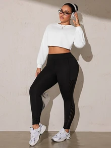 Easithlete Plus Size Striped Patchwork Yoga Sports Leggings - Black - View 5