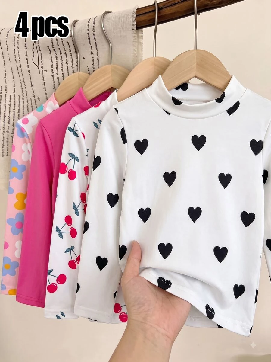 4 Pcs Baju Atasan Lengan Panjang Motif Bunga, Hati, dan Ceri untuk Anak Perempuan, Model Kerah Tinggi, Pakaian Musim Gugur - MultiWarna - View 1