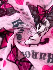 HELLO KITTY AND FRIENDS | SHEIN Women's Cartoon Print Off-Shoulder Top And Frill Trim Shorts Lingerie Set - Pink - View 8