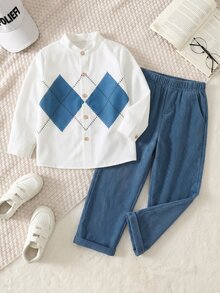 SHEIN 兒童小男孩學院風刺繡標誌立領長袖襯衫/長褲套裝 - 彩色 - 查看 1