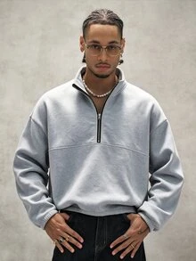 PAVTROS Men's Half-Zip Patchwork Elastic Cuff Short Sweatshirt - Grey - View 4