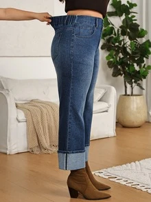 EMERY ROSE Plus Size Casual High-Waisted Straight-Leg Jeans, Comfort-Stretch Plus-Size Denim Pants,Cuffed Jeans,Weekend Outfit,Winter Outfit,Halloween,Christmas - Blue - View 6
