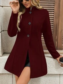 SHEIN Plus Size Casual Versatile Wool Blend Coat For Autumn/Winter - Burgundy - View 4