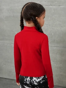 SHEIN 少女黑色修身針織休閒長袖拉鍊外套，極簡休閒彈性領口修身長袖舒適T恤 - 紅色 - 查看 2