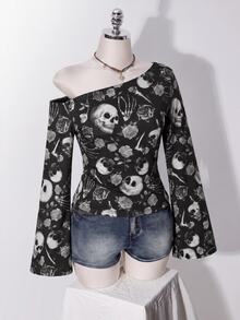 SHEIN ICON 萬聖節骷髏與玫瑰印花大尺碼女款不對稱肩T恤 - 彩色 - 查看 6