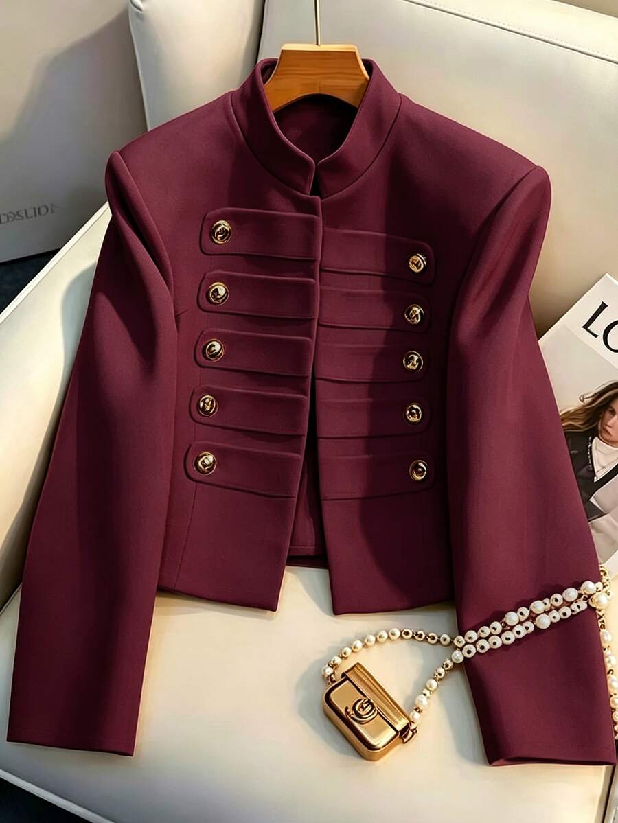 SHEIN Franclia 女款法式立領雙排扣金鈕短版西裝外套,高級通勤修身小個子外套上衣 - 酒紅色 - 查看 1