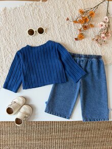 SHEIN 2件組 藍色女嬰休閒羅紋鈕扣長袖外套褲子套裝 秋季 - 藍色 - 查看 2