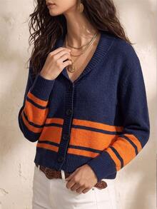 SHEIN Textured Personalized Contrast Color Cardigan Casual Knit Sweater Jacket - Royal Blue - View 5