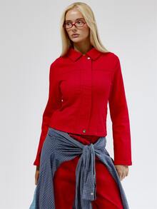 MUSERA Smal denimjacka med krage, knäppning fram, markerad midja, för höst och vinter, coolgirl, back to school, Blancs - Röd - Visa 1