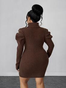 Maweii Plus Size Women's Knit Dress High Neck Petal Sleeve Slimming Fashion Dress - Coffee Brown - View 3