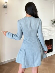 Feyla Gaun Wanita Manis dengan Hiasan Berlian Imitasi dan Lengan Panjang Berlipit Warna Kontras - Biru - View 2