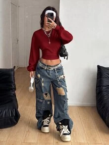 Coolane 女款休閒純色收腰運動衫，秋季 - 酒紅色 - 查看 2