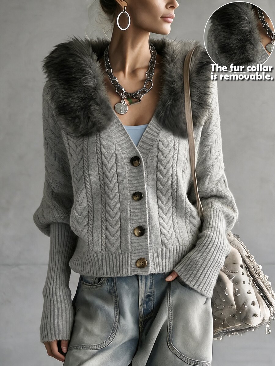 SHEIN Grey Plush Furry Collar Cable‑Knit Cropped Cardigan, Vintage Decorative Buttons Front V‑Neck Twisted - Grey - View 1