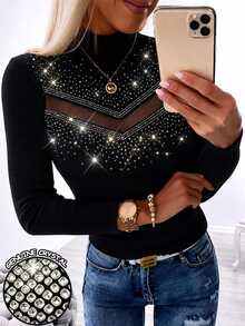 Zayélia Women's Mesh Patchwork Rhinestone Embellished Slim Fit Versatile Casual T-Shirt - Black - View 1