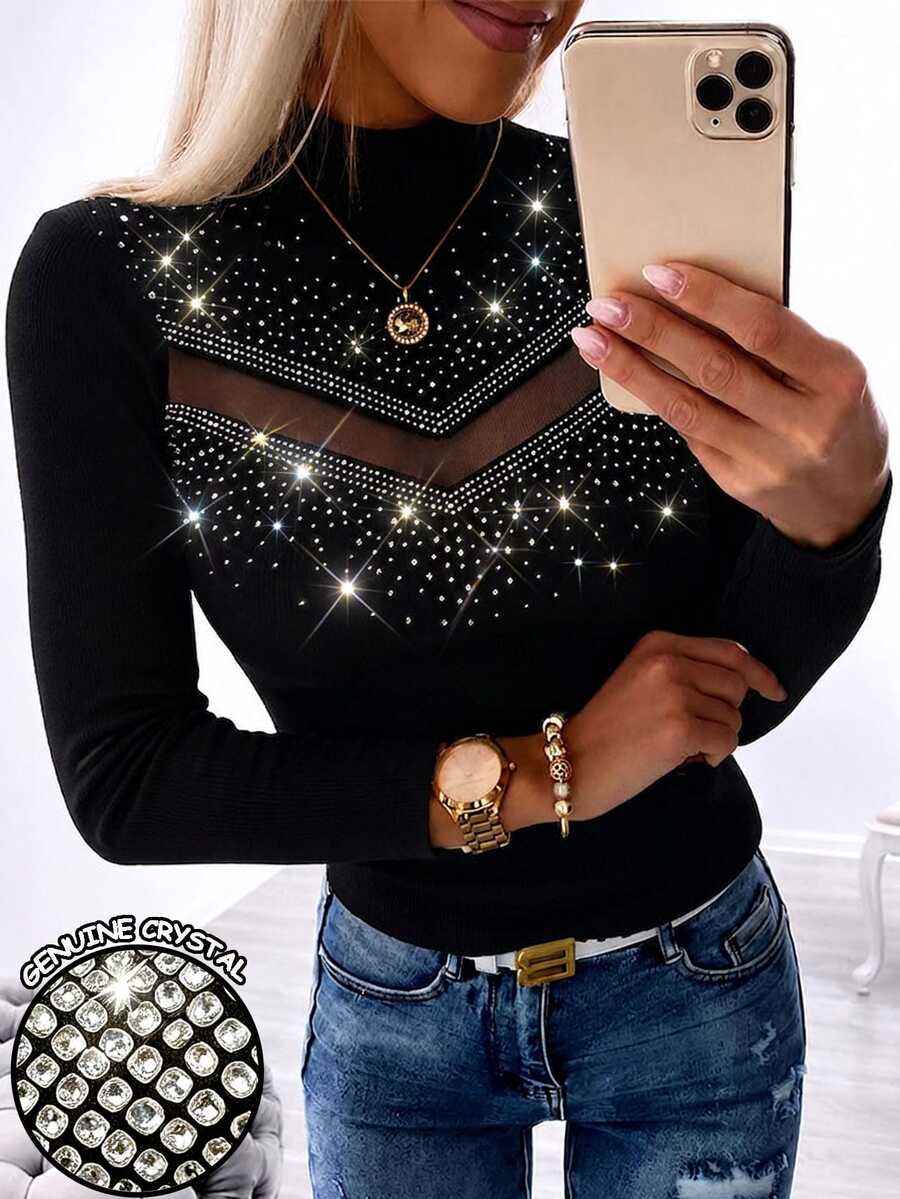 Zayélia Women's Mesh Patchwork Rhinestone Embellished Slim Fit Versatile Casual T-Shirt - Black - View 1