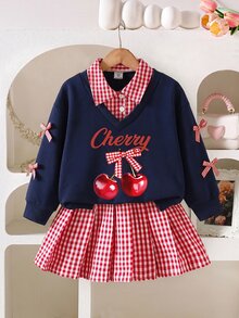 Elladie kids 2件組少女春/秋季套裝，深藍色長袖領口衛衣搭配紅白格紋百褶裙，甜美學院風，胸前櫻桃字母圖案印花，可愛休閒，適合外出穿搭 - 寶藍色 - 查看 2