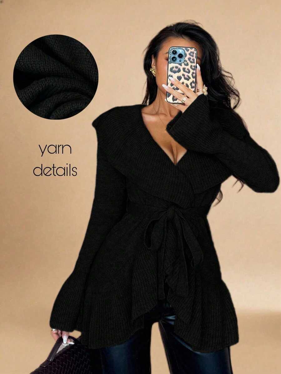 Rafferiza Women's Elegant Tie-Front Ruffle Trim Knit Cardigan - Black - View 1
