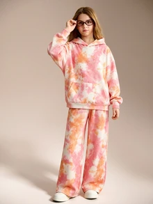 SHEIN 青少年女孩秋冬粉色紮染衛衣套裝，長袖連帽衛衣與寬鬆休閒運動長褲套裝 - 彩色 - 查看 6