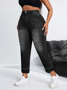 Slaydiva Plus Size Elastic Fashion Sexy Ripped Slim Fit Denim Jeans - Black - View 7