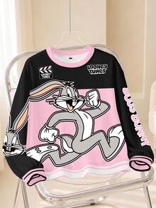 LOONEY TUNES X SHEIN 大尺碼女款字母卡通印花圓領長袖休閒運動衫 - 白色 - 查看 1