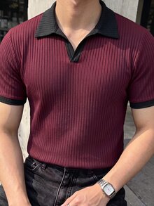 JOLTRO 男士極簡百搭羅紋撞色短袖 Polo 衫 - 酒紅色 - 查看 4