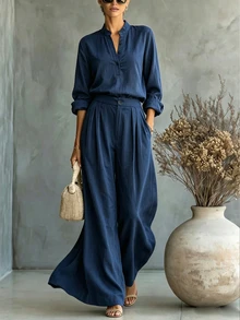 SHEIN Women's Navy Stand Collar Shirt & Pleated Wide Leg Pants Two Pieces Set, Elegant Outfit For Spring Fall Office Daily Wear - Navy Blue - View 5