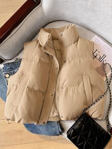 Muvela Women's Solid Color Zipper Front Casual Vest Winter Outerwear - Apricot - View 5