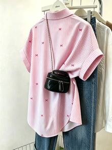 EMERY ROSE 女款夏季休閒條紋蝴蝶結仿刺繡前排釦短袖襯衫 - 彩色 - 查看 2