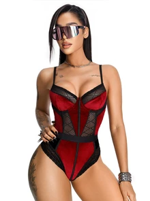 AltBold 1pc Velvet & Lace Patchwork Bodysuit - Multicolor - View 4