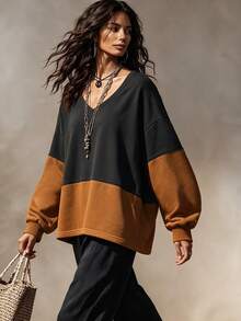 Chiquease Women's Fashion Casual Colorblock Long Sleeve Sweatshirt - Black - View 5