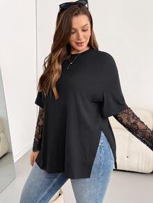 Shapeblank Plus Size T-Shirt With Lace Sleeves And Split Hem - Black - View 7