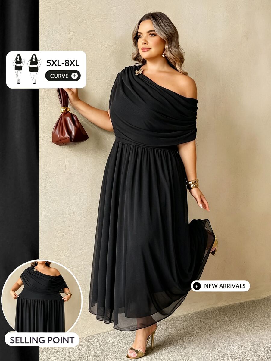 SHEIN CURVE+ New Summer Brown Asymmetrical Shoulder Cowl Neck Metal Buckle Decor Plus Size Cinched Waist Flared Mesh Double Layer Dress/Premium - Black - View 1