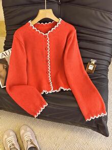SHEIN Franclia French Romantic Colorblock Wavy Edge Commuter Cardigan - Burnt Orange - View 1
