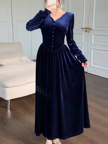 Feyla New Vintage Design Wavy Edge Button-Up Cinched Waist Pleated A-Line Slimming Velvet Dress - Navy Blue - View 5