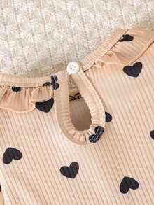 SHEIN Girls' Spring/Autumn Long Sleeve Ribbed High Elastic Set, Sweet Large Ruffle Collar With Delicate Bow, Black Heart Print, Stylish And Durable, Princess Style For Toddlers - Khaki - View 5