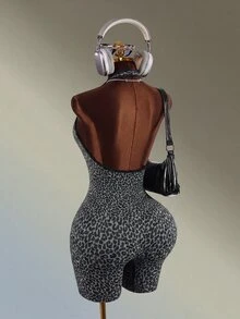 Mistrie Jumpsuit Olahraga & Kebugaran Tanpa Jahitan Tanpa Lengan dengan Leher Halter Motif Leopard Abu-abu - Dark Grey - View 9