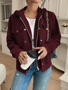 SHEIN Frenchy 女款時尚拉鍊鈕扣長袖連帽外套 - 酒紅色 - 查看 5