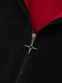 ROMWE MEN Men's Plus Size Long Sleeve Zip-Up Hooded Sweatshirt With Patchwork Fur - Black - View 2