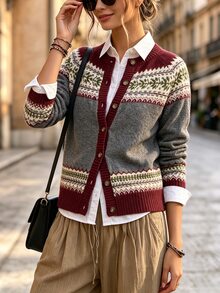 SHEIN Women's Fashion Jacquard Button Contrast Color Cardigan - Multicolor - View 4