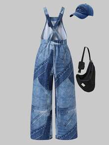 SHEIN 女童街頭風寬鬆連身長褲，小眾設計黑色吊帶褲，適合日常穿著、聚會與上學，春/夏 - 藍色 - 查看 2