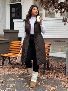 SHEIN EZwear 秋冬大尺碼加厚抽繩可調腰鬆款雙穿法長版大衣 - 巧克力棕 - 查看 5