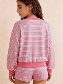 SHEIN 女童印花運動衫套裝，秋季穿搭，寬鬆圓領上衣 + 短褲，初秋新品，運動風，校園休閒粉色 - 粉色 - 查看 3