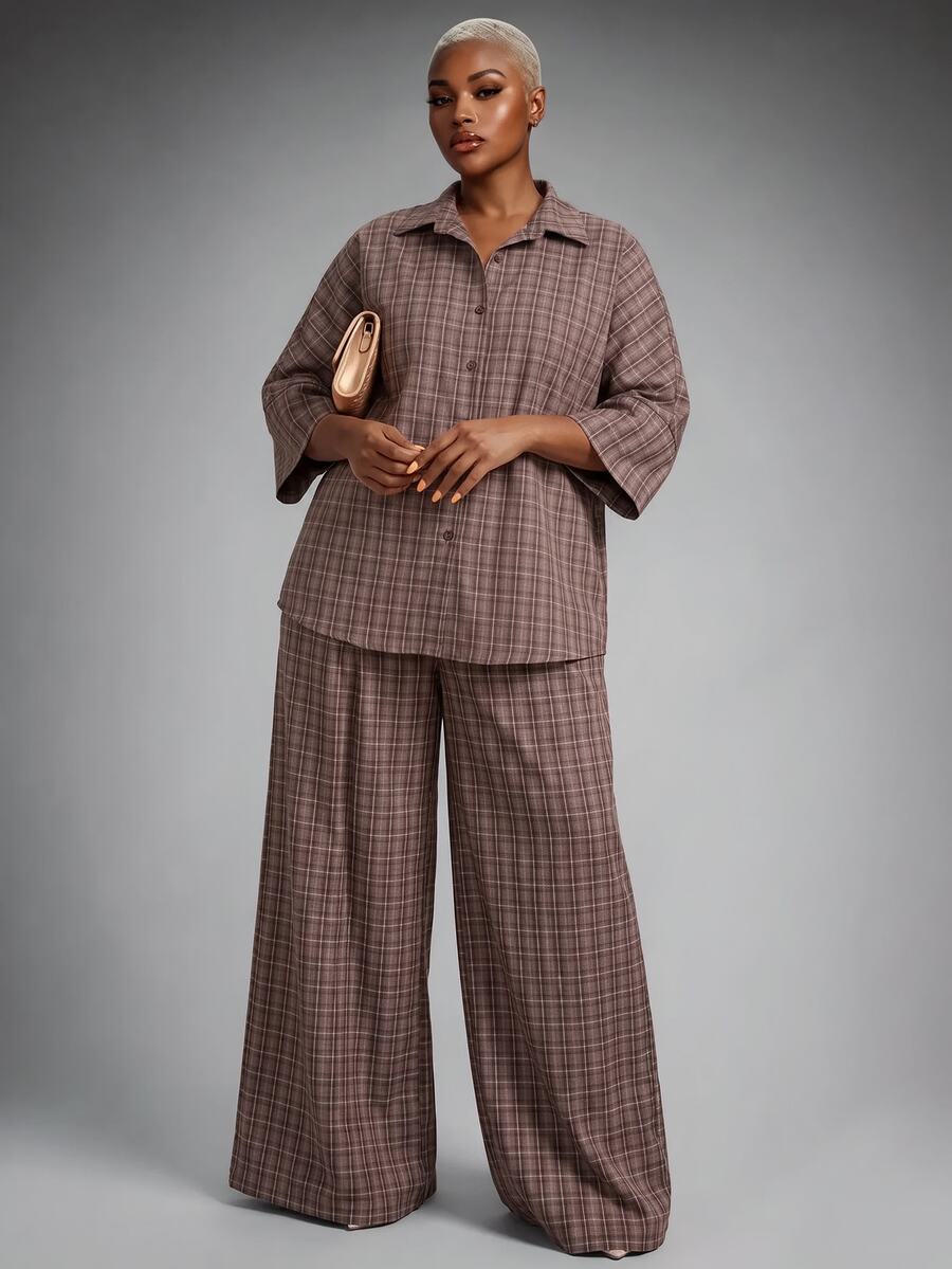 Lunelith SHEIN Lunessa Women's Loose Plaid Casual 2 Pieces Set - Multicolor - View 1